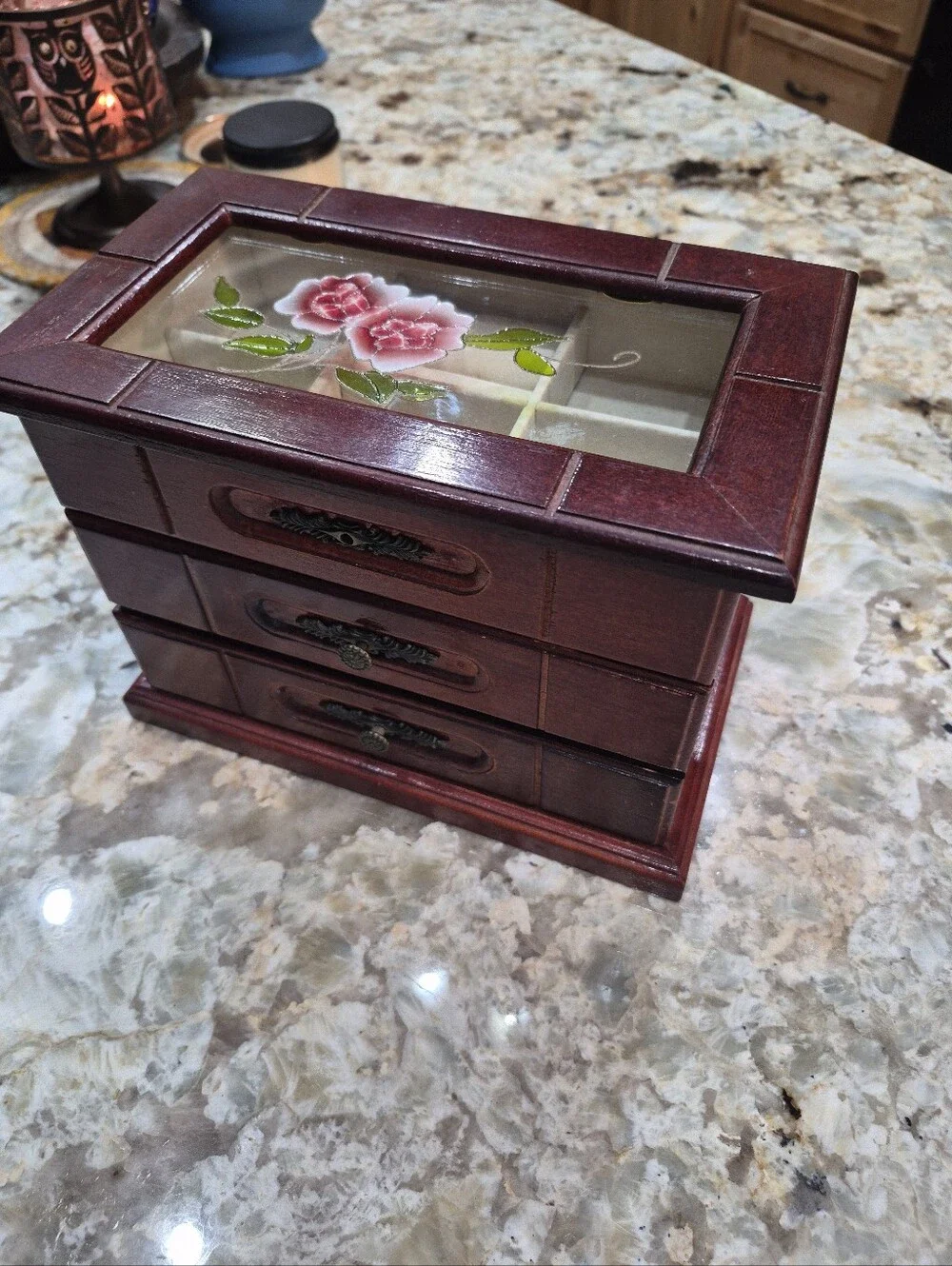 Vintage Wooden Jewelry Box With Floral Stained Glass & Drawers Cottagecore